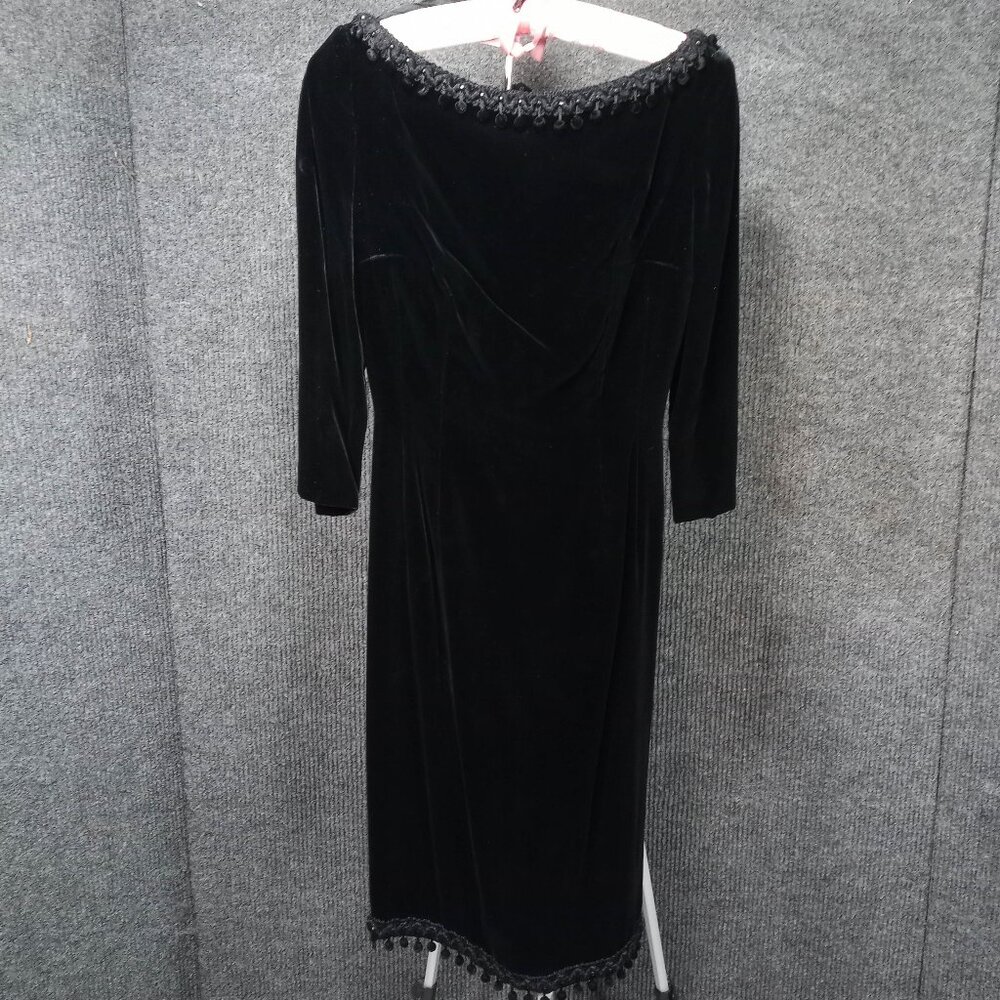 1950's Vintage Black Velvet Wiggle Dress with Dangle Ball Trim by Sandra Sage